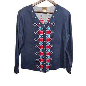 Vintage Roper Southwestern Geometric Print Shirt Womens Large Blue Studded
